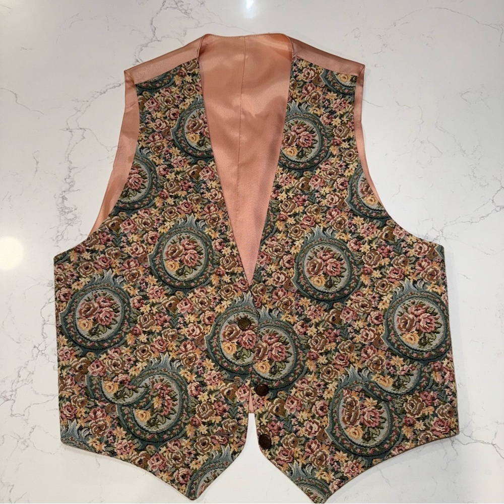 Vintage Bushwacker Rose Floral Tapestry Vest Green Peach Satin Back Large EUC